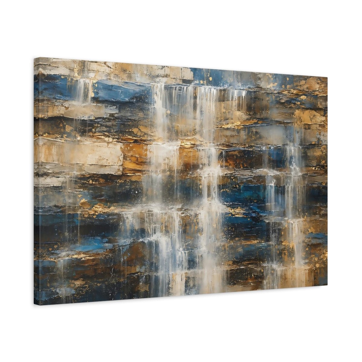 Nature Waterfall Blue Gold Canvas Print – Living Room, Above Fireplace - YesArtYes