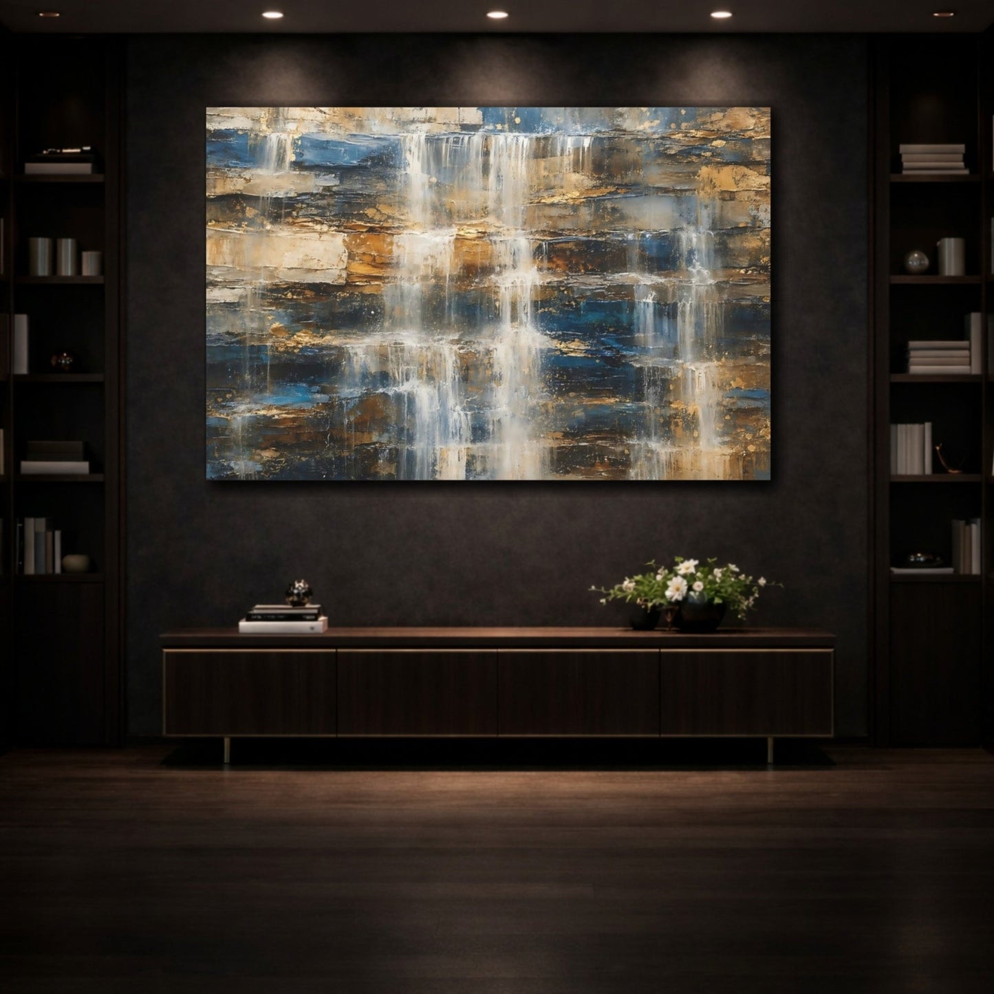 Nature Waterfall Blue Gold Canvas Print – Living Room, Above Fireplace - YesArtYes