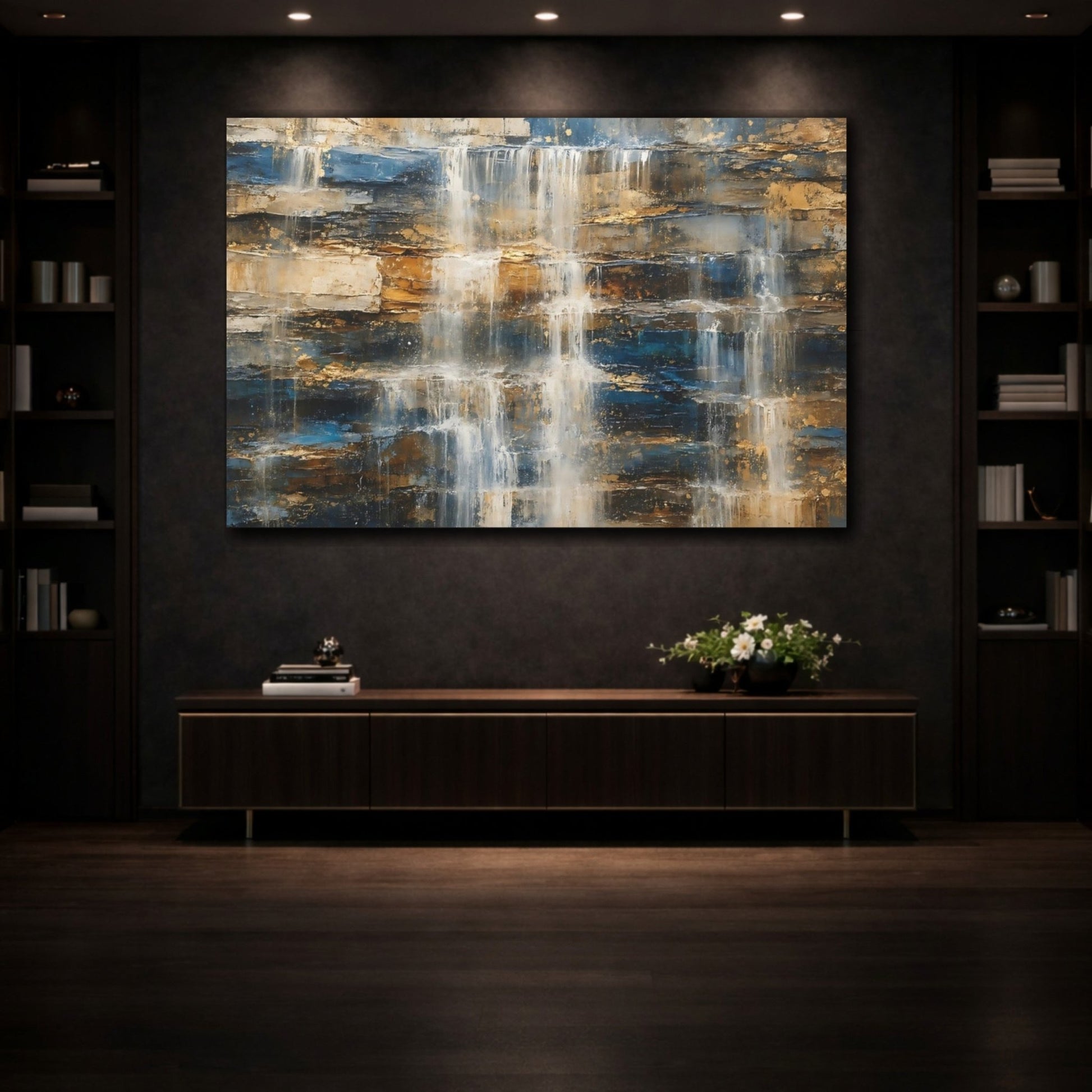 Nature Waterfall Blue Gold Canvas Print – Living Room, Above Fireplace - YesArtYes