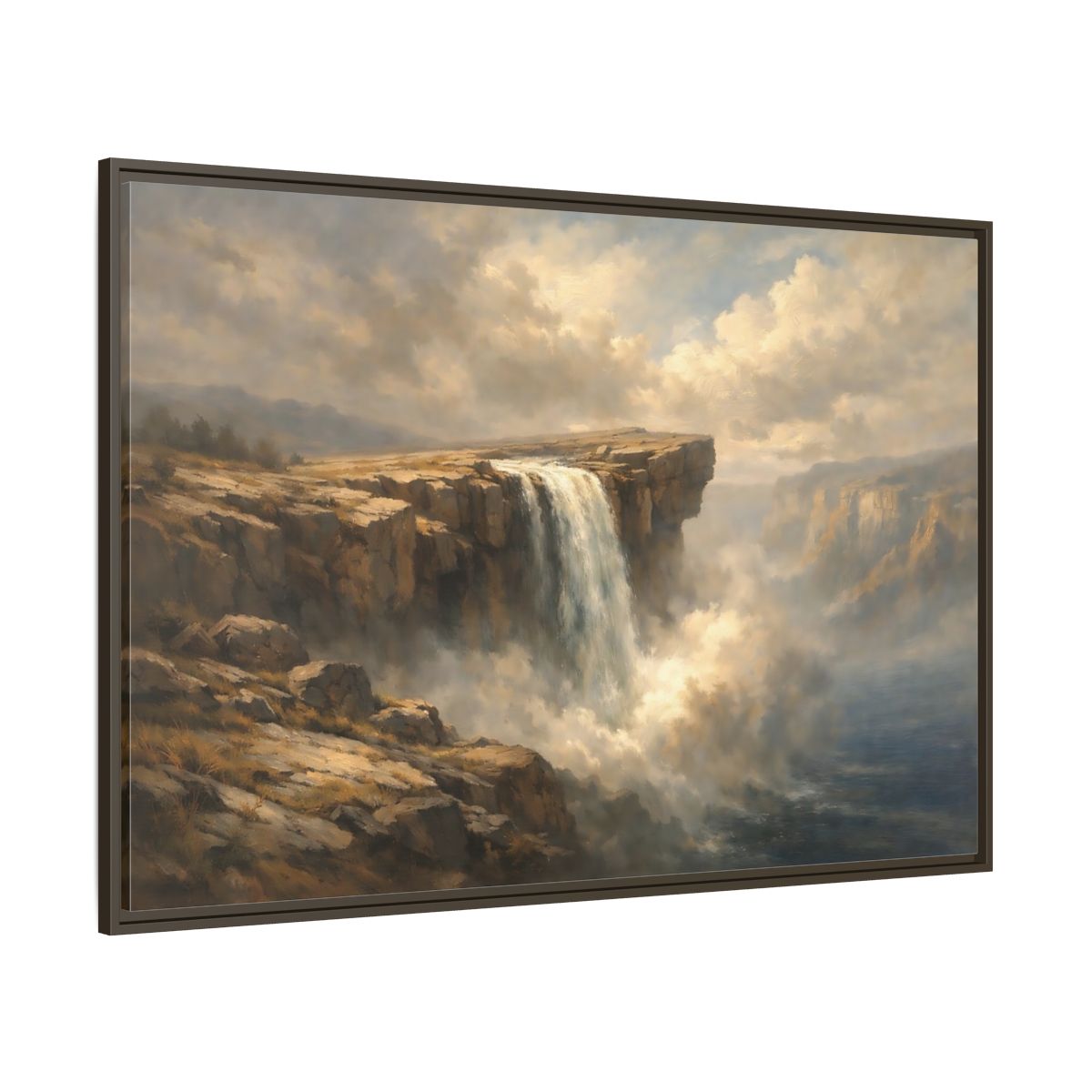 Main Mockup. Nature Waterfall Brown And Blue shown as stretched canvas wall art