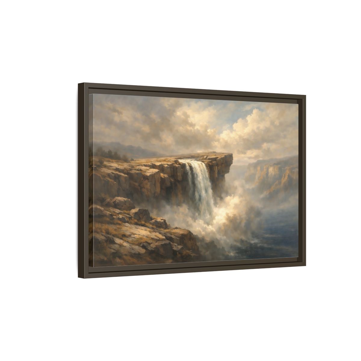 Side Mockup 2. Nature Waterfall Brown And Blue shown as stretched canvas wall art