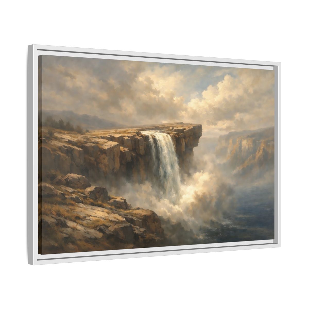 Side Mockup 10. Nature Waterfall Brown And Blue shown as stretched canvas wall art