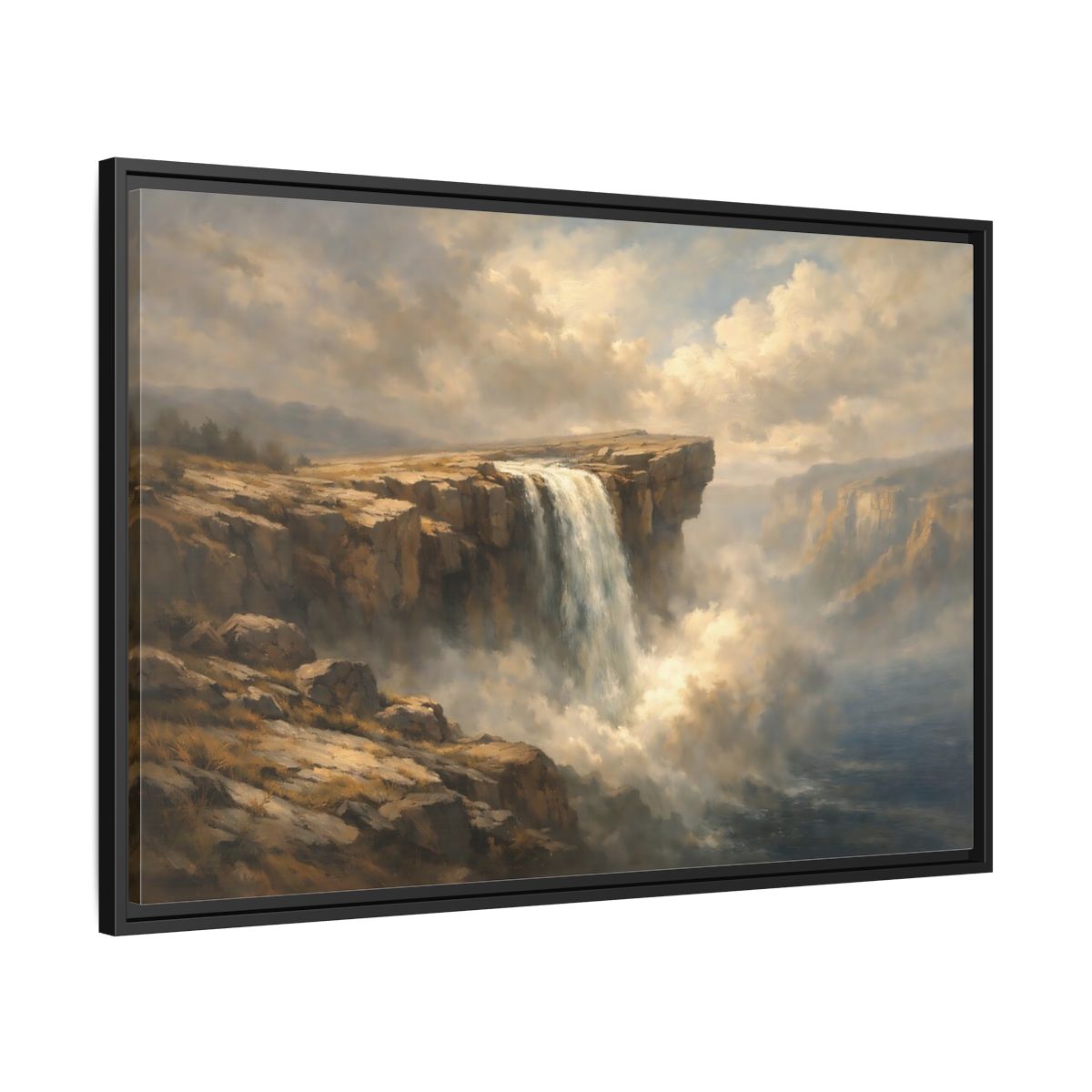 Side Mockup 13. Nature Waterfall Brown And Blue shown as stretched canvas wall art