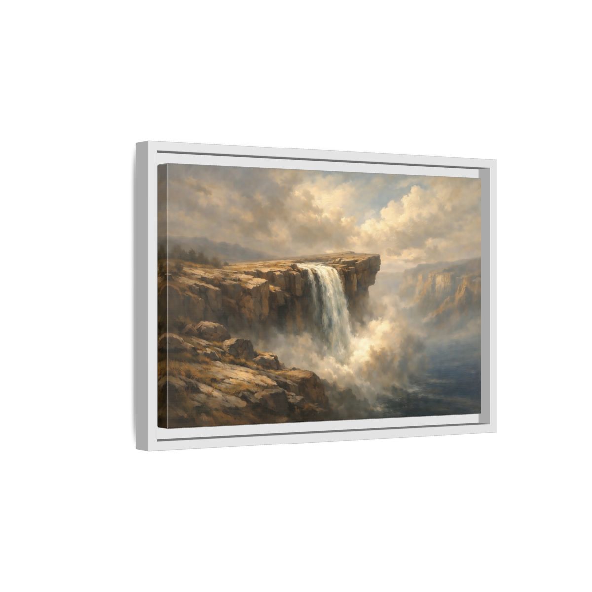 Side Mockup 4. Nature Waterfall Brown And Blue shown as stretched canvas wall art
