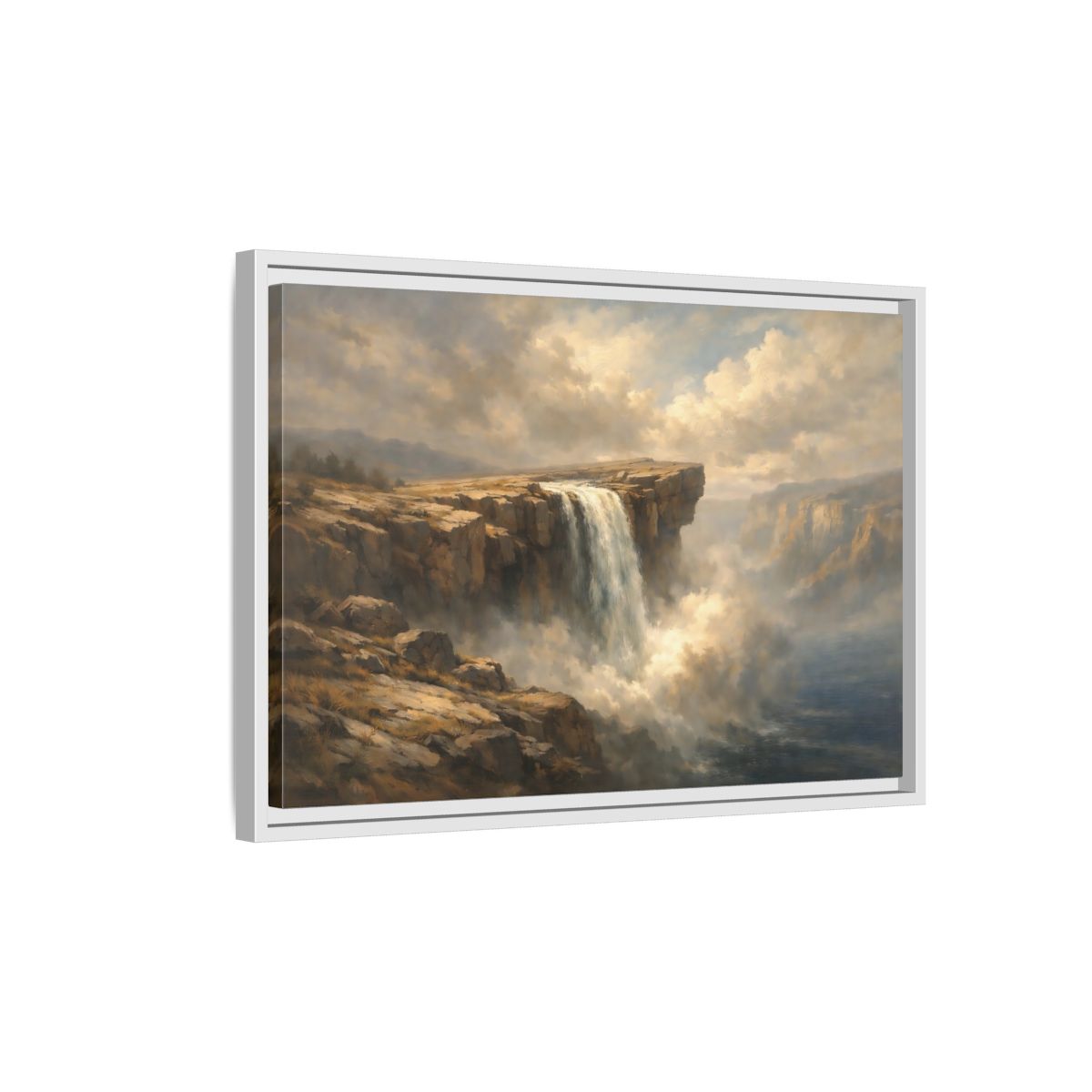 Side Mockup 1. Nature Waterfall Brown And Blue shown as stretched canvas wall art
