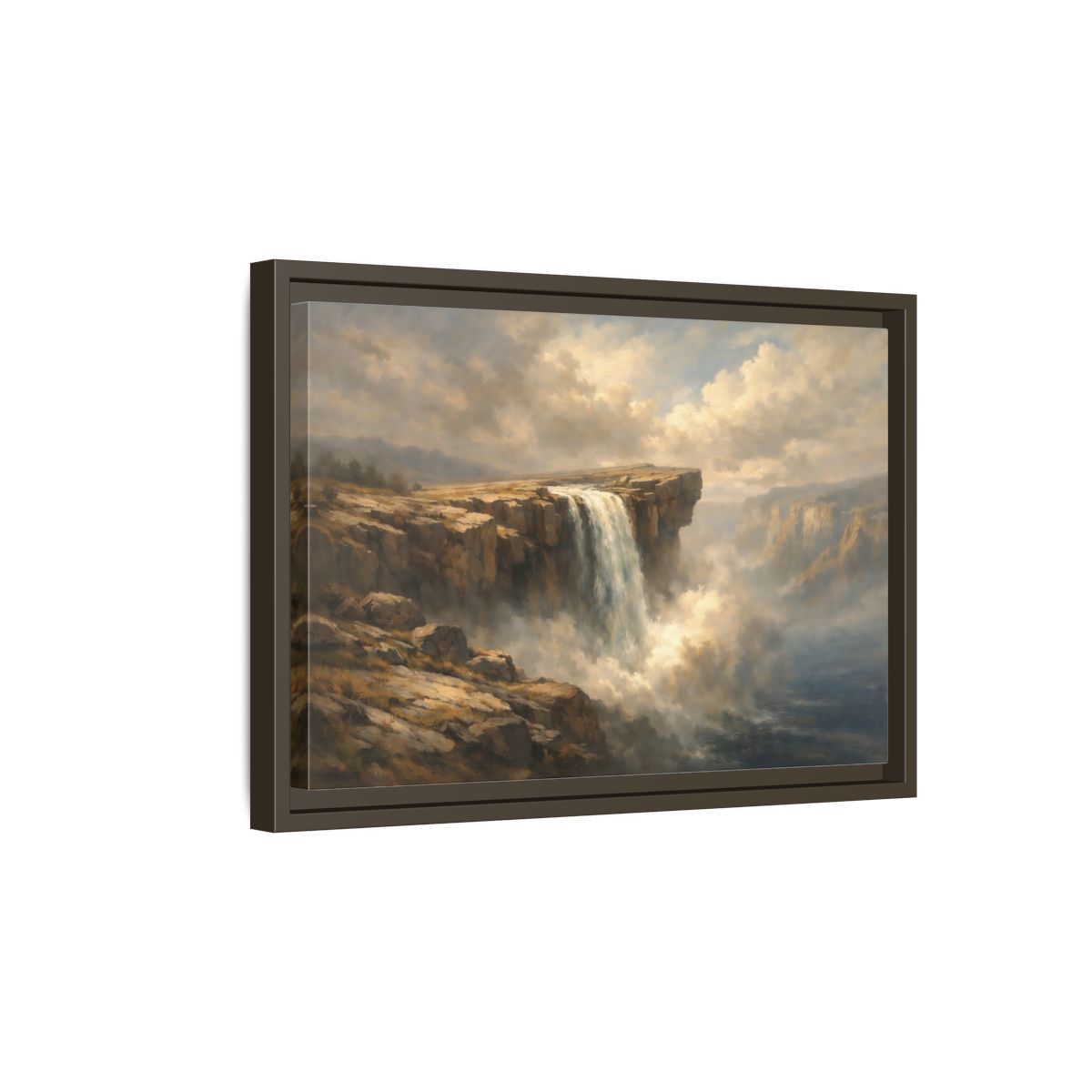 Side Mockup 5. Nature Waterfall Brown And Blue shown as stretched canvas wall art