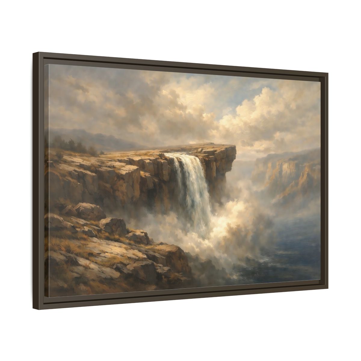 Side Mockup 11. Nature Waterfall Brown And Blue shown as stretched canvas wall art