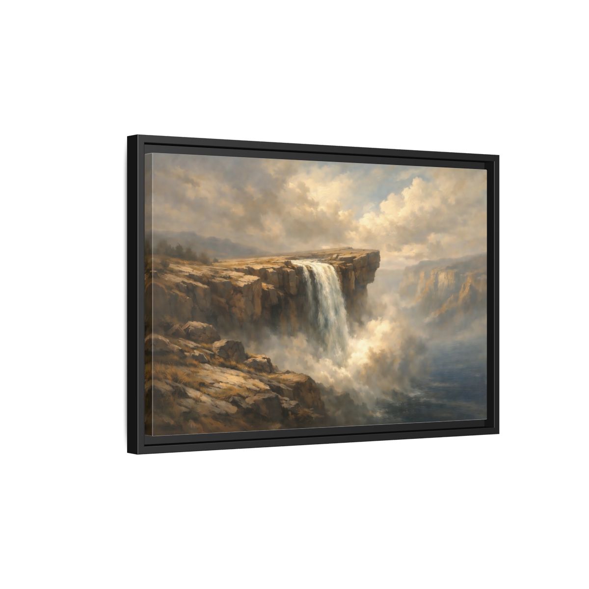Side Mockup 3. Nature Waterfall Brown And Blue shown as stretched canvas wall art