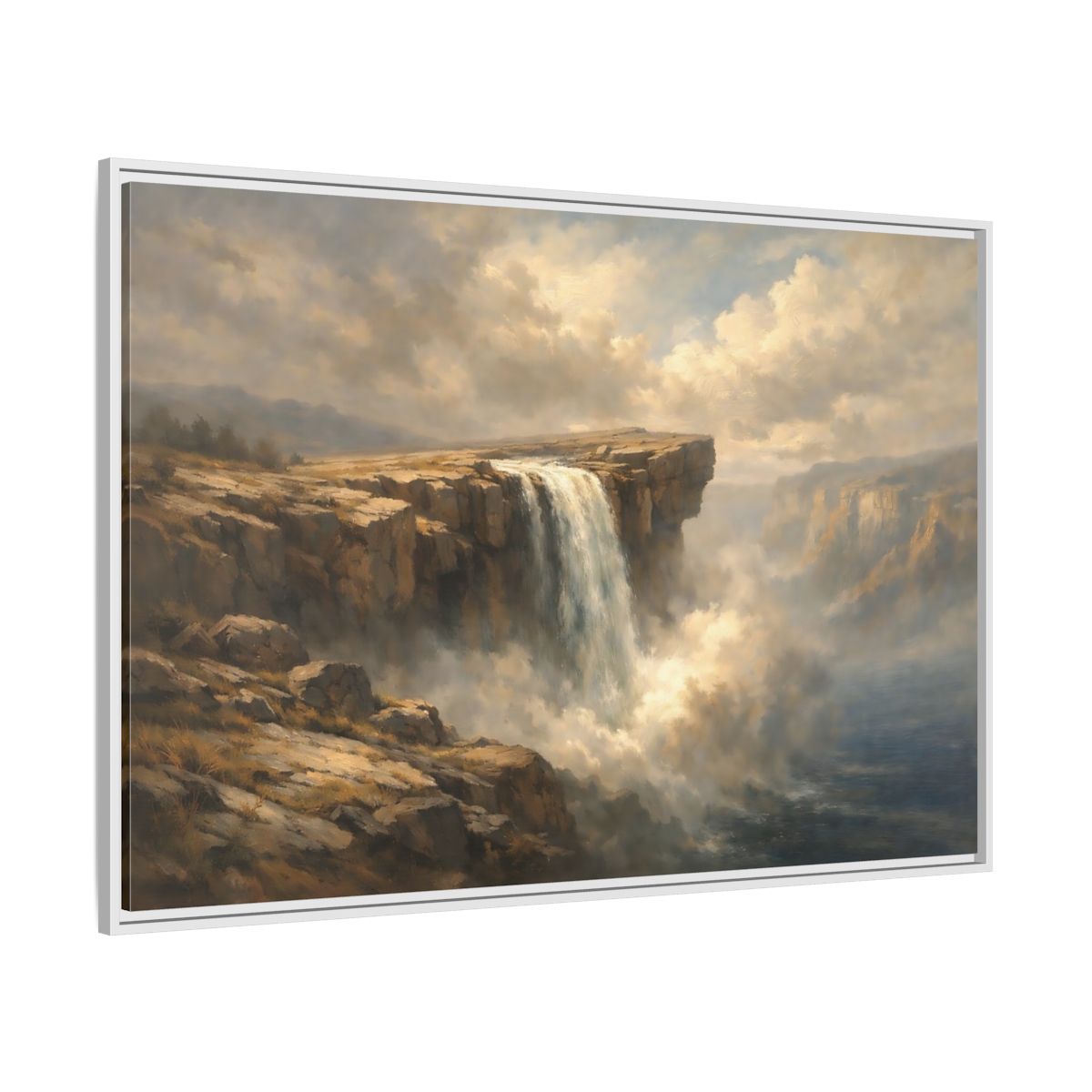 Side Mockup 7. Nature Waterfall Brown And Blue shown as stretched canvas wall art