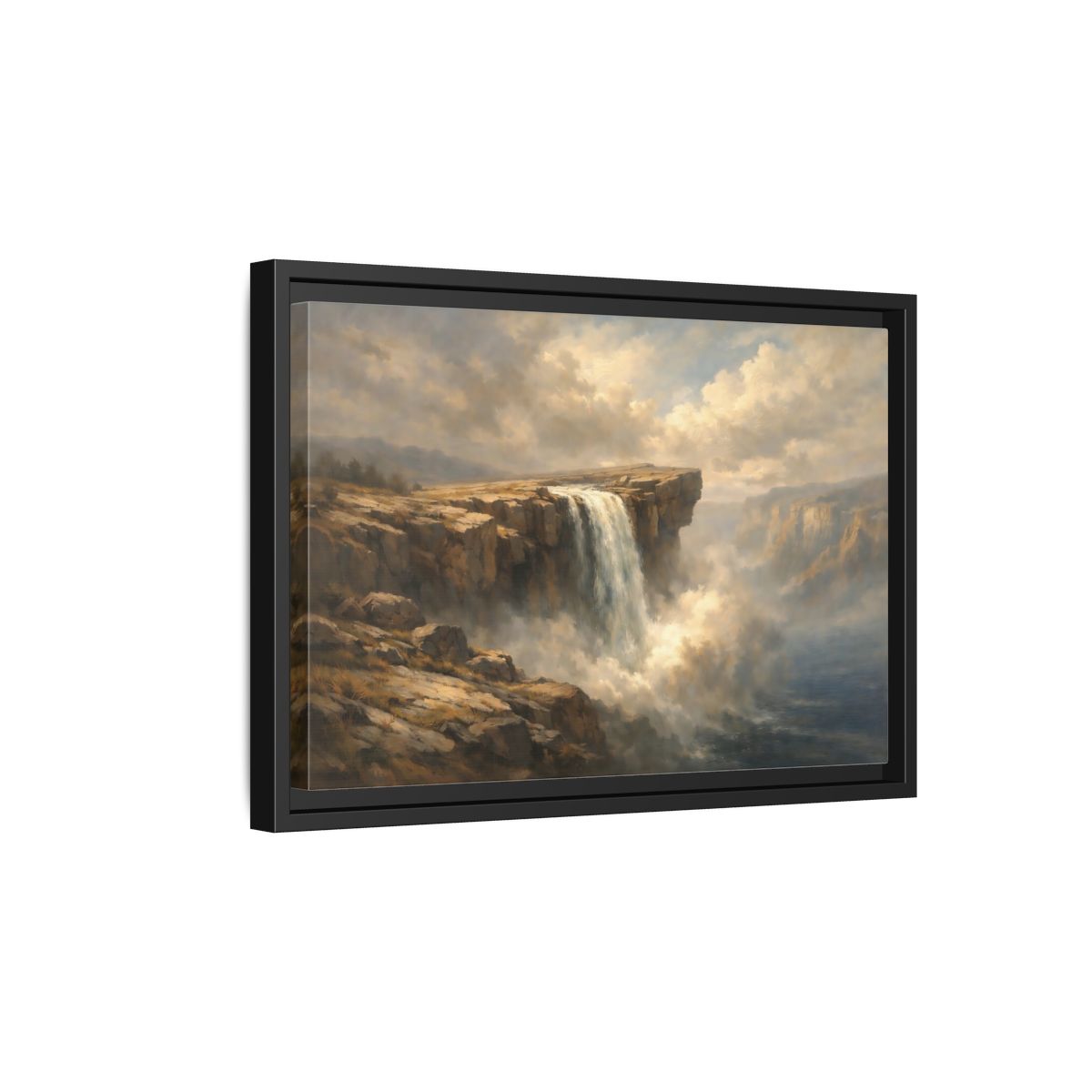 Side Mockup 6. Nature Waterfall Brown And Blue shown as stretched canvas wall art