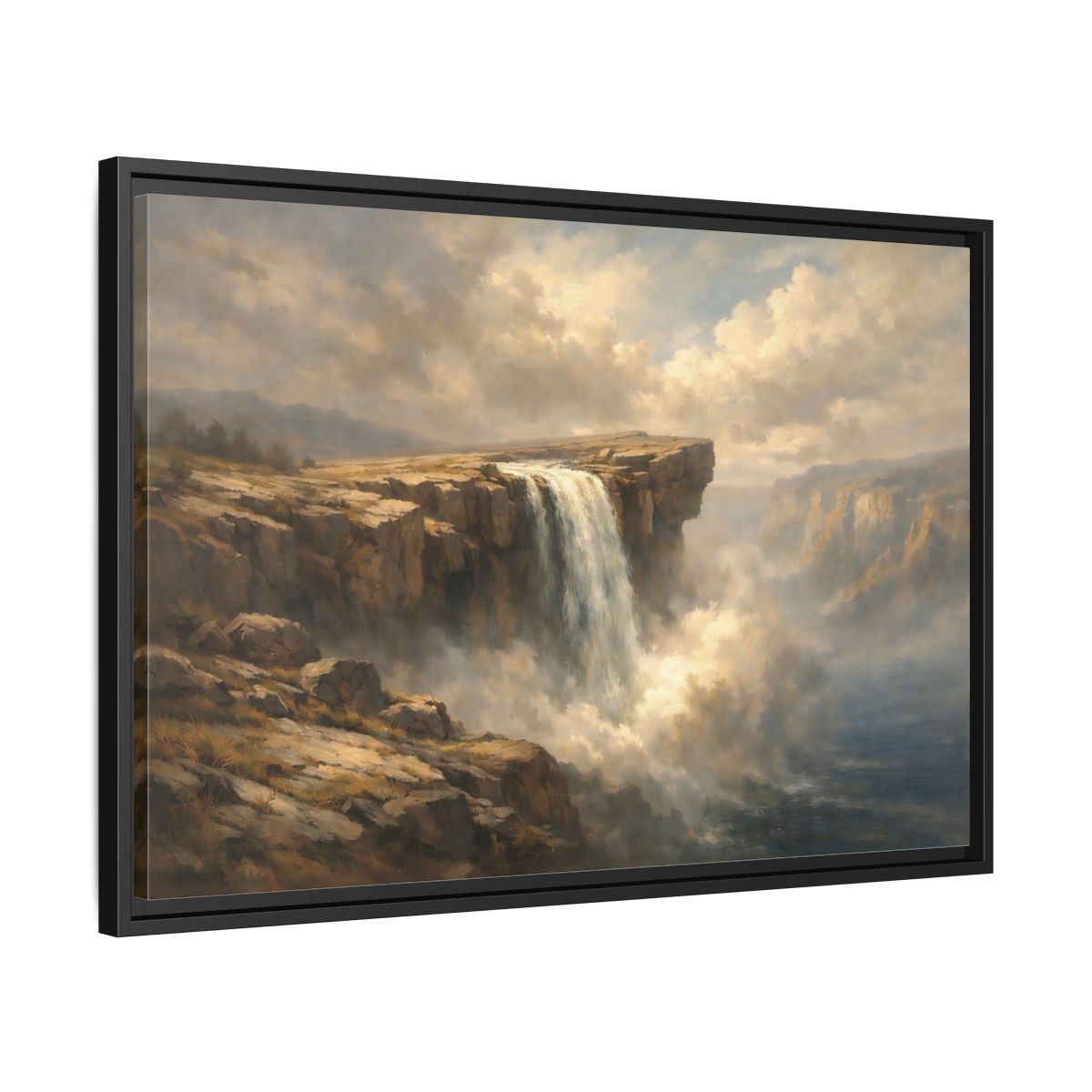 Side Mockup 14. Nature Waterfall Brown And Blue shown as stretched canvas wall art