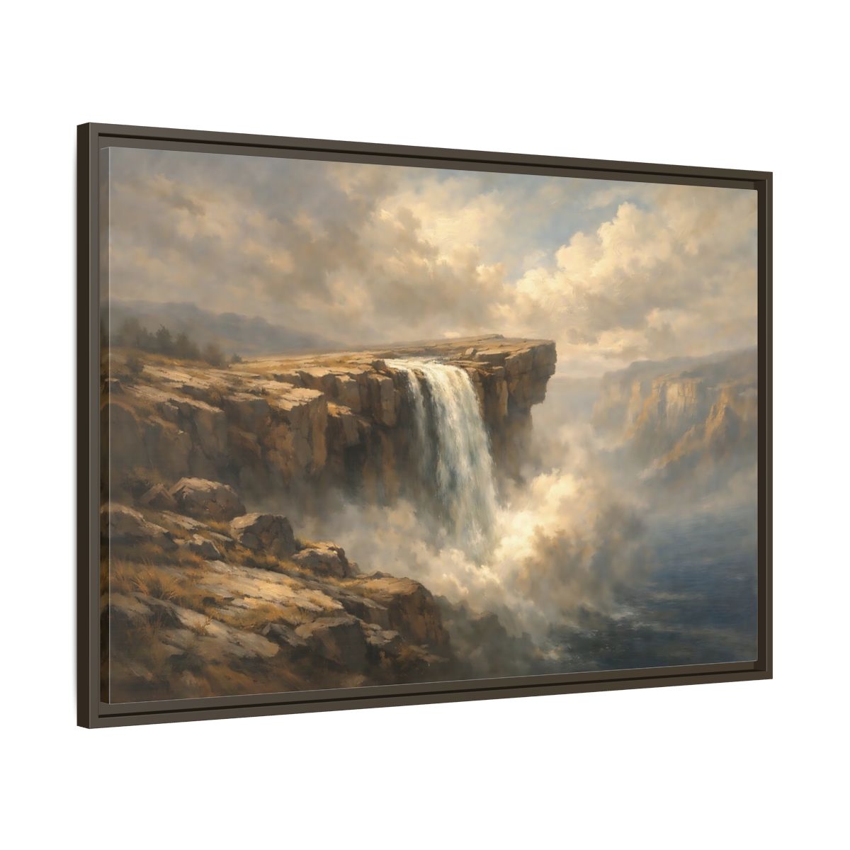 Side Mockup 9. Nature Waterfall Brown And Blue shown as stretched canvas wall art