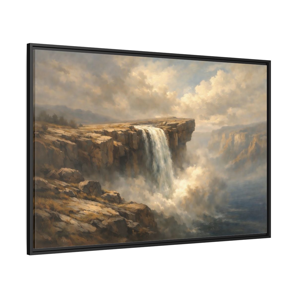Side Mockup 12. Nature Waterfall Brown And Blue shown as stretched canvas wall art