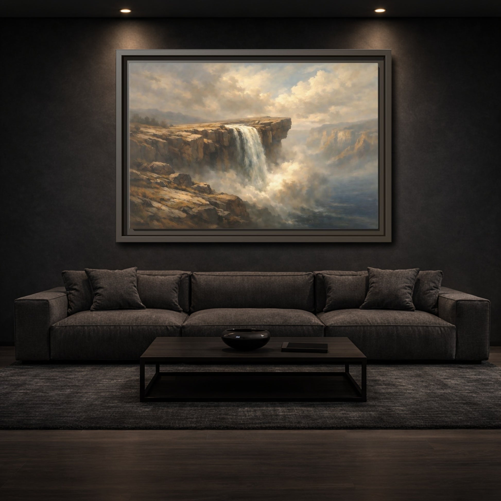 Mockup 2. Nature Waterfall Brown And Blue shown as stretched canvas wall art