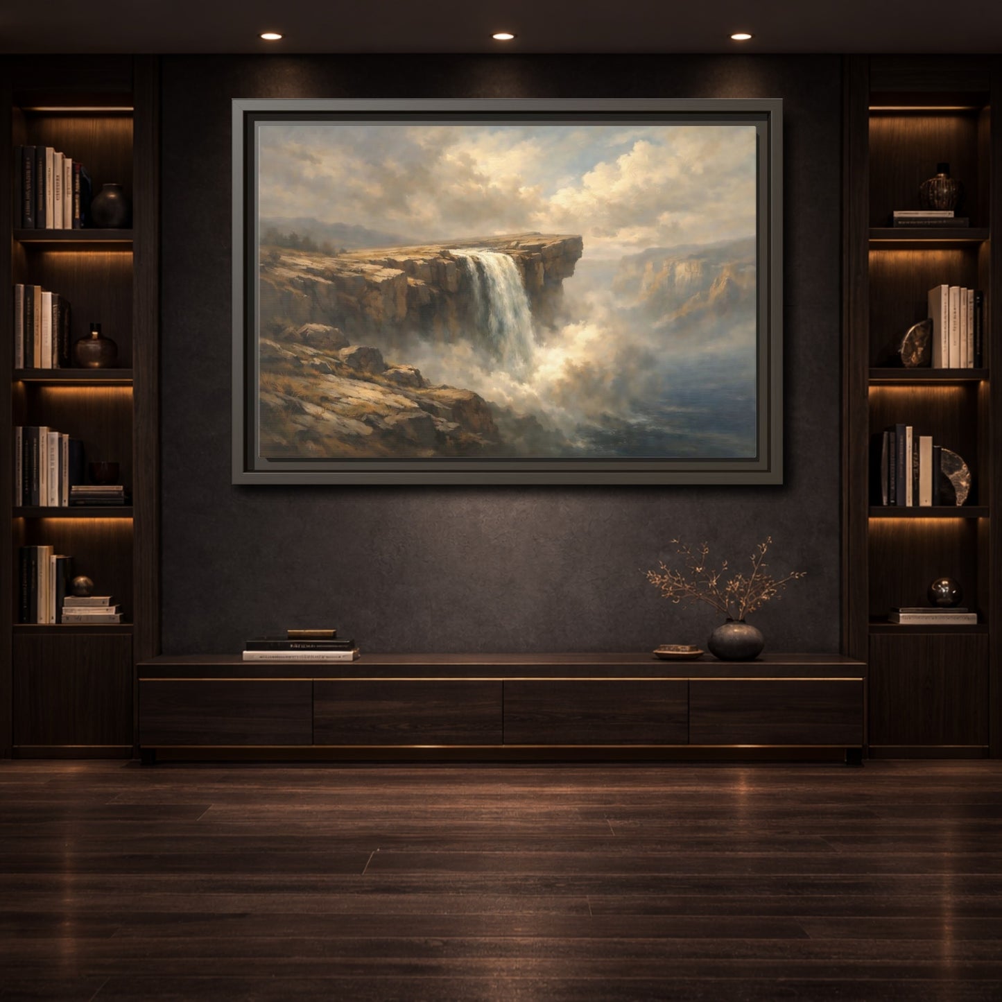 Mockup 3. Nature Waterfall Brown And Blue shown as stretched canvas wall art