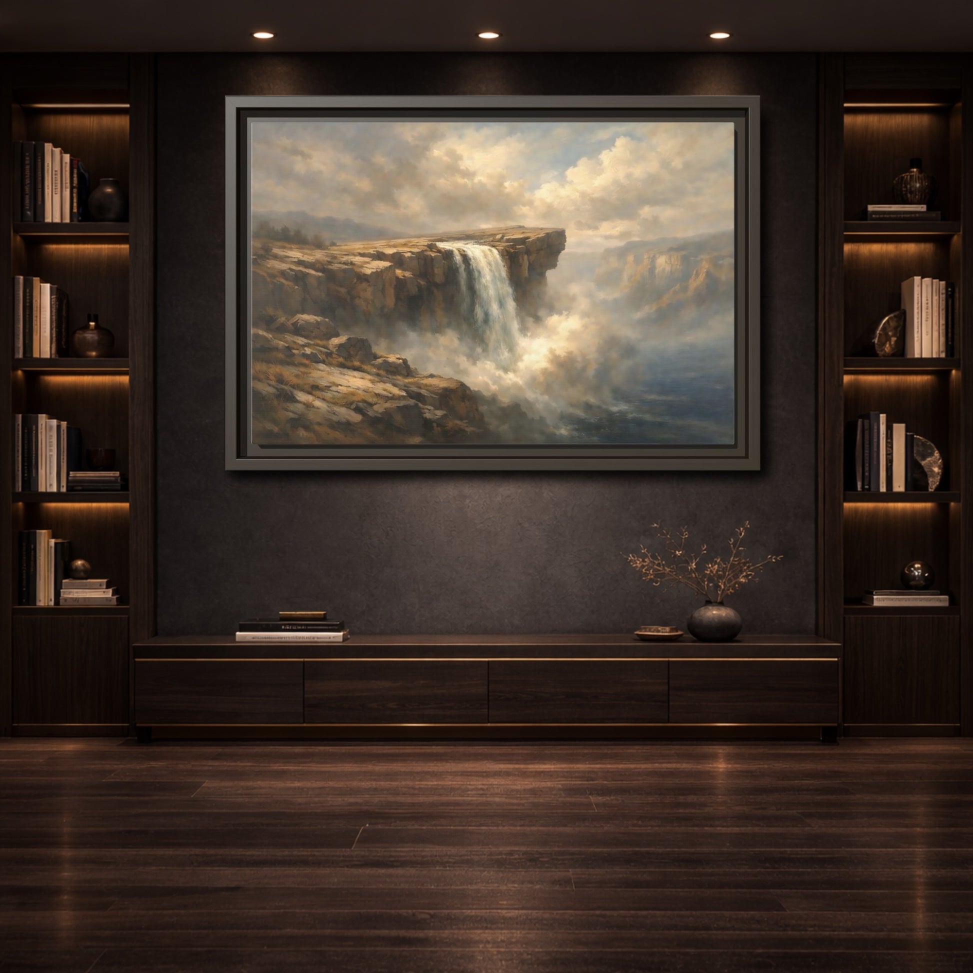 Mockup 3. Nature Waterfall Brown And Blue shown as stretched canvas wall art