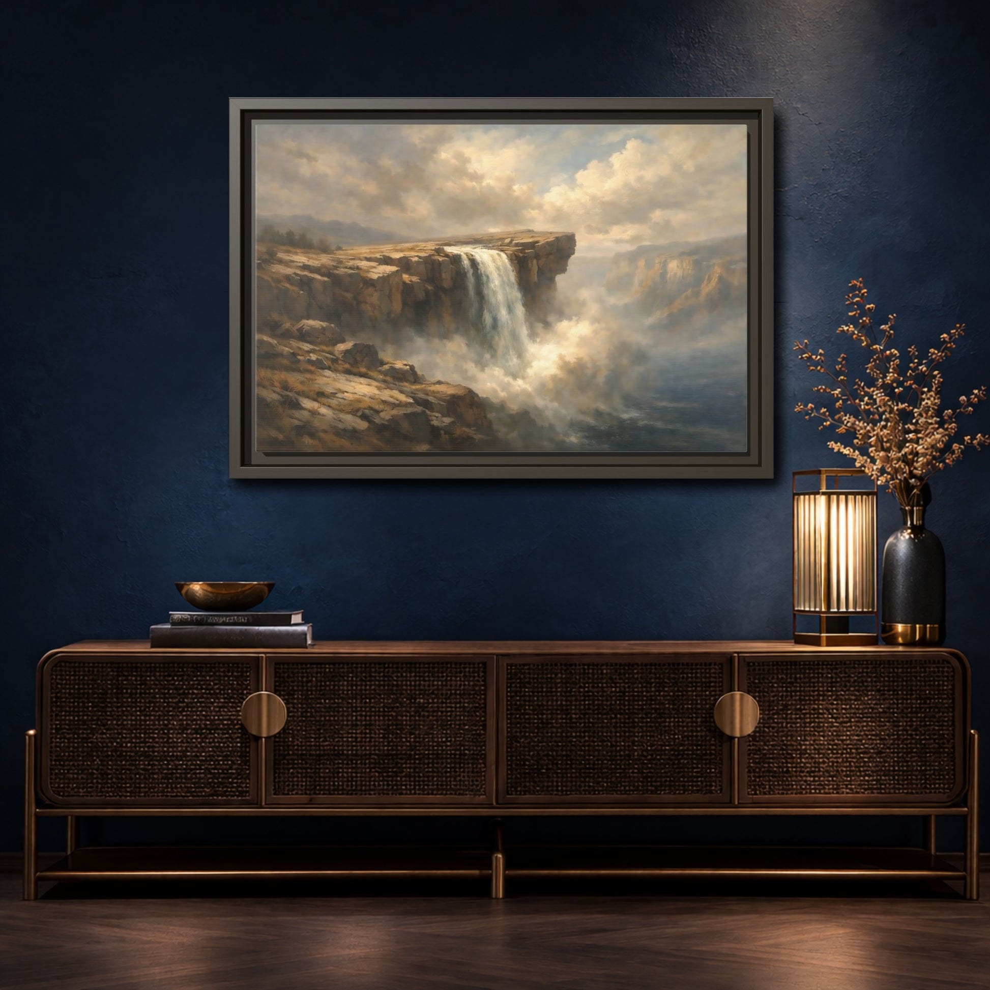 Mockup 4. Nature Waterfall Brown And Blue shown as stretched canvas wall art