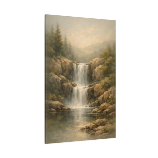Main Mockup. Nature Waterfall Brown And Green shown as stretched canvas wall art