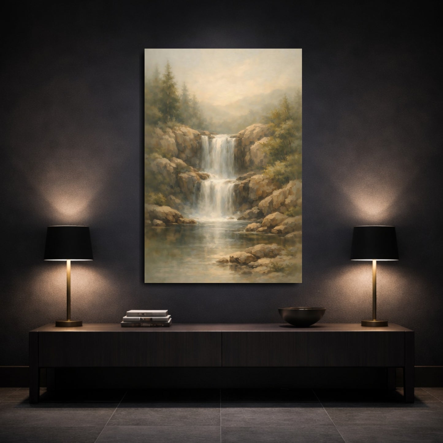 Mockup 2. Nature Waterfall Brown And Green shown as stretched canvas wall art