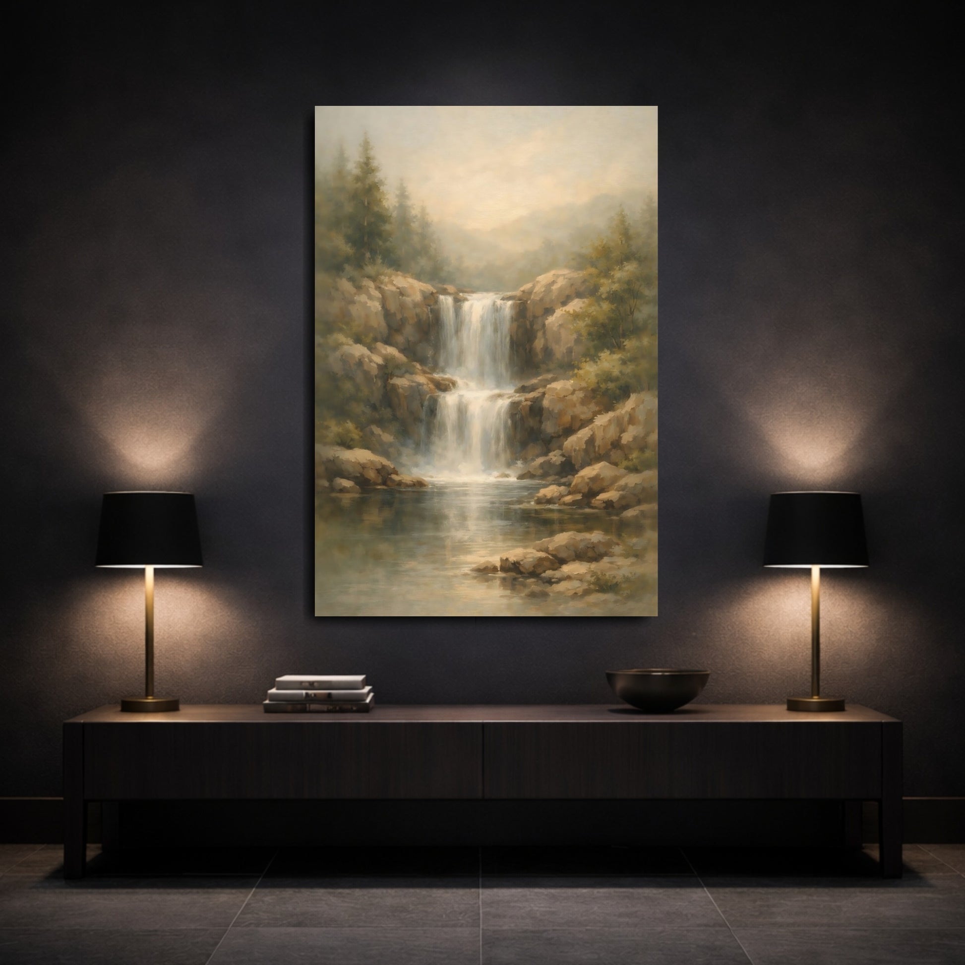 Mockup 2. Nature Waterfall Brown And Green shown as stretched canvas wall art