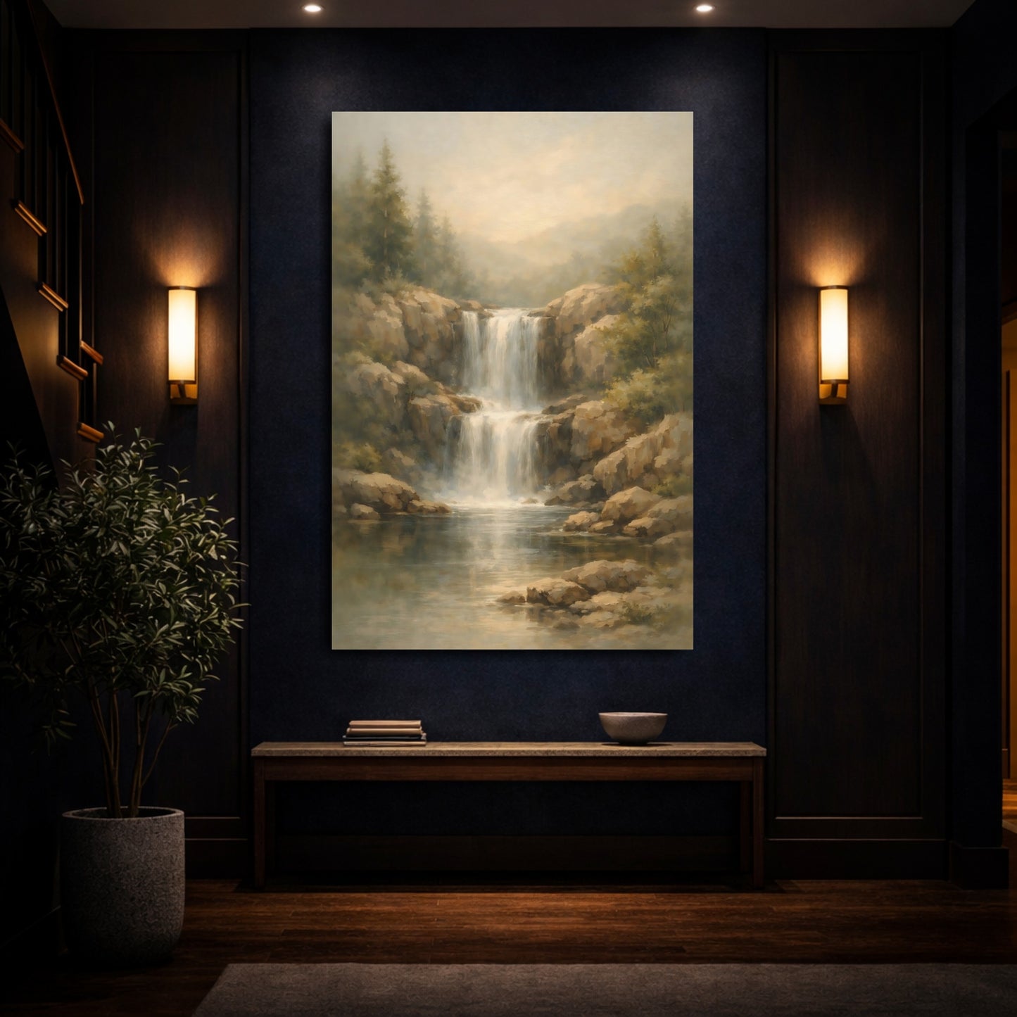 Mockup 3. Nature Waterfall Brown And Green shown as stretched canvas wall art