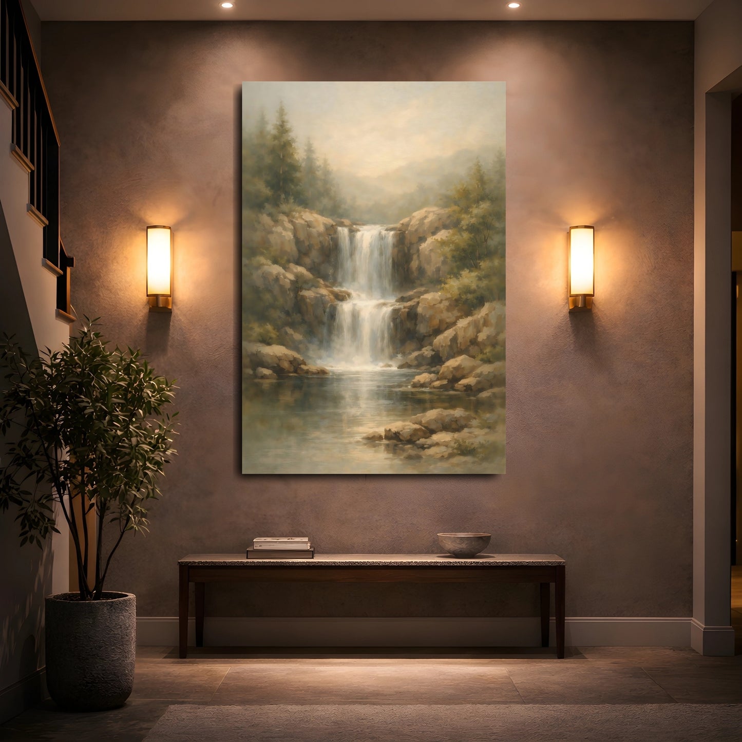 Mockup 4. Nature Waterfall Brown And Green shown as stretched canvas wall art