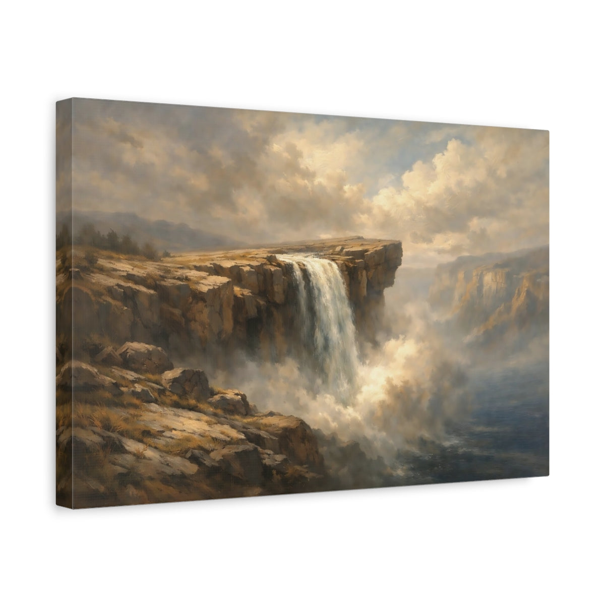 Side Mockup 4. Nature Waterfall Brown Blue Waterfall shown as stretched canvas wall art