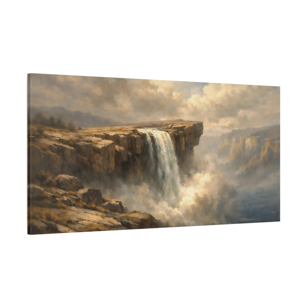 Main Mockup. Nature Waterfall Brown Blue Landscape shown as stretched canvas wall art