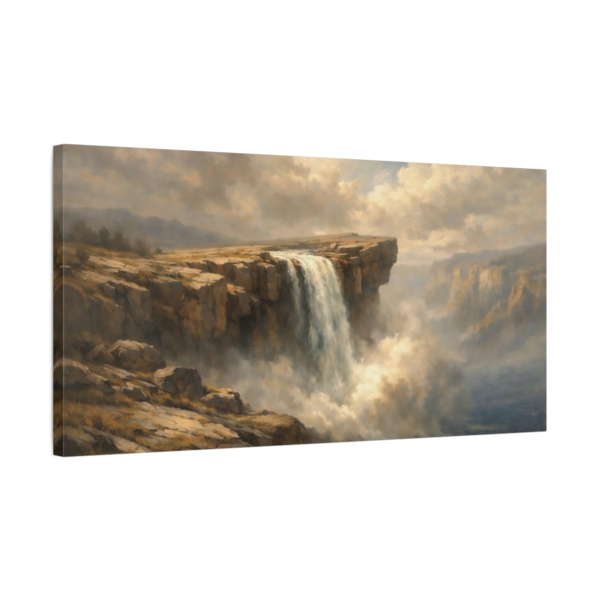 Side Mockup 2. Nature Waterfall Brown Blue Landscape shown as stretched canvas wall art