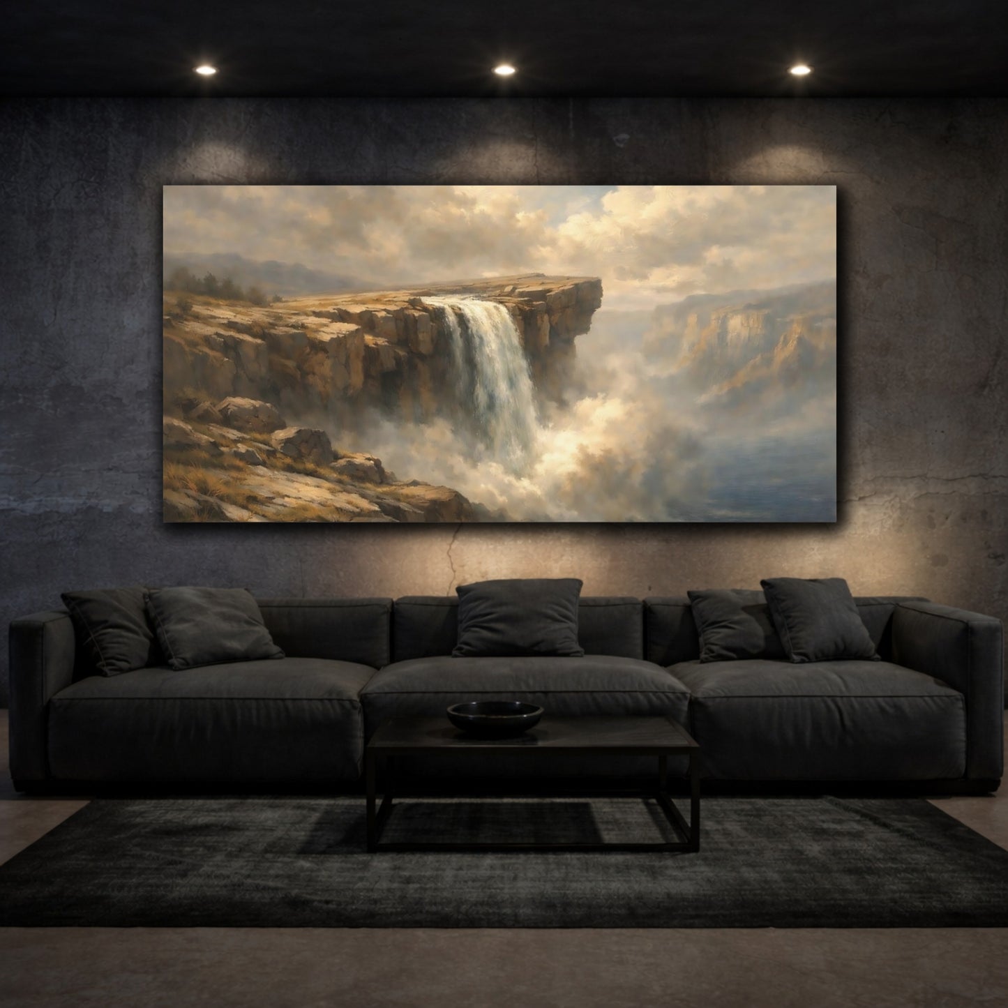 Mockup 2. Nature Waterfall Brown Blue Landscape shown as stretched canvas wall art