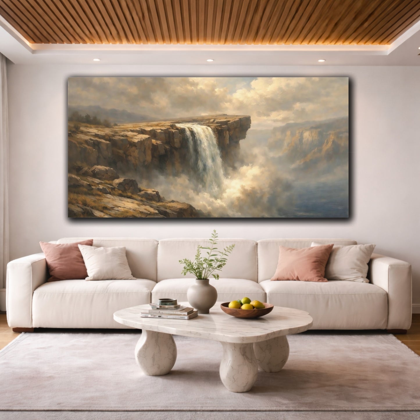 Mockup 3. Nature Waterfall Brown Blue Landscape shown as stretched canvas wall art