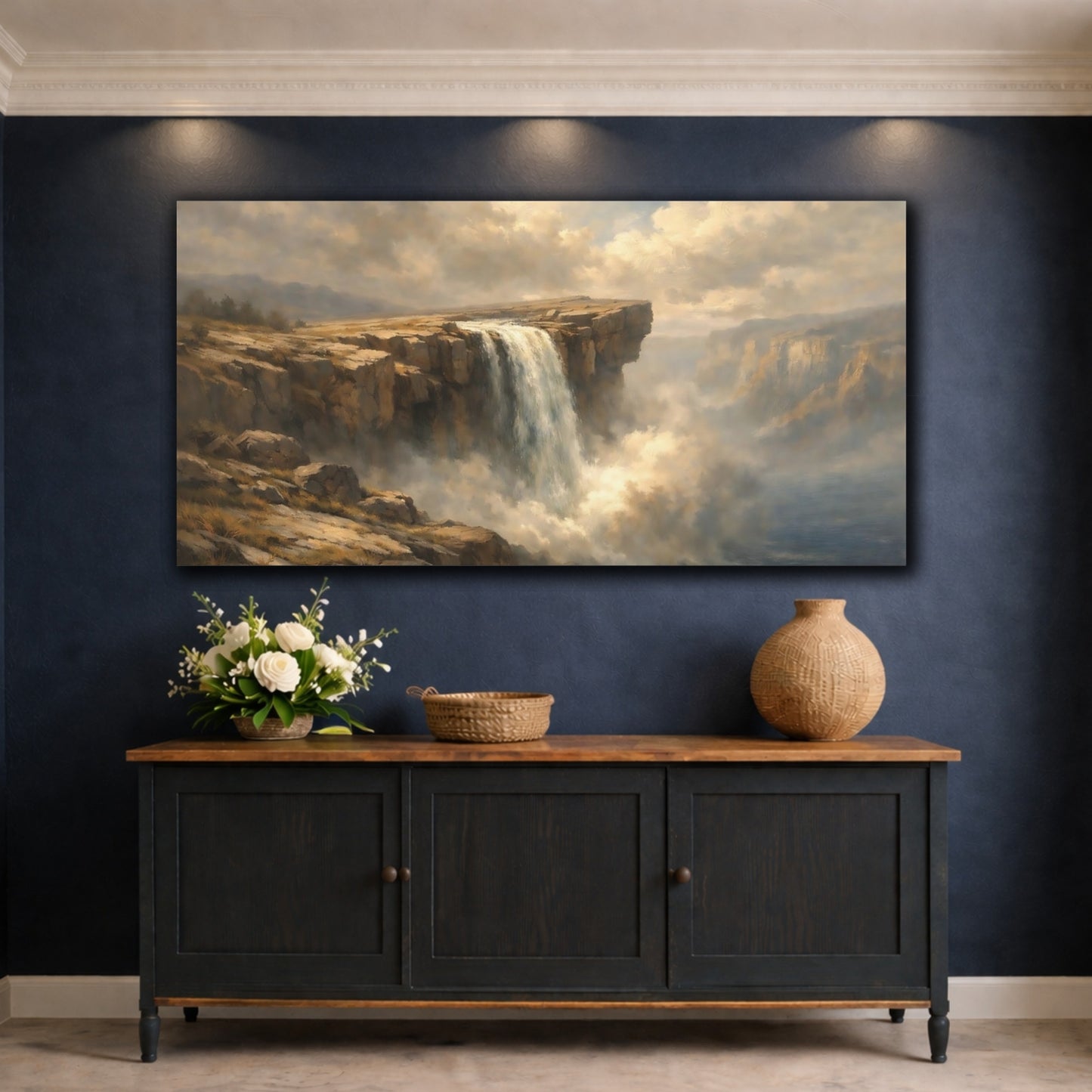 Mockup 4. Nature Waterfall Brown Blue Landscape shown as stretched canvas wall art