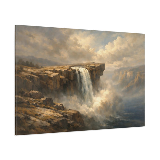 Main Mockup. Nature Waterfall Brown Blue Waterfall shown as stretched canvas wall art