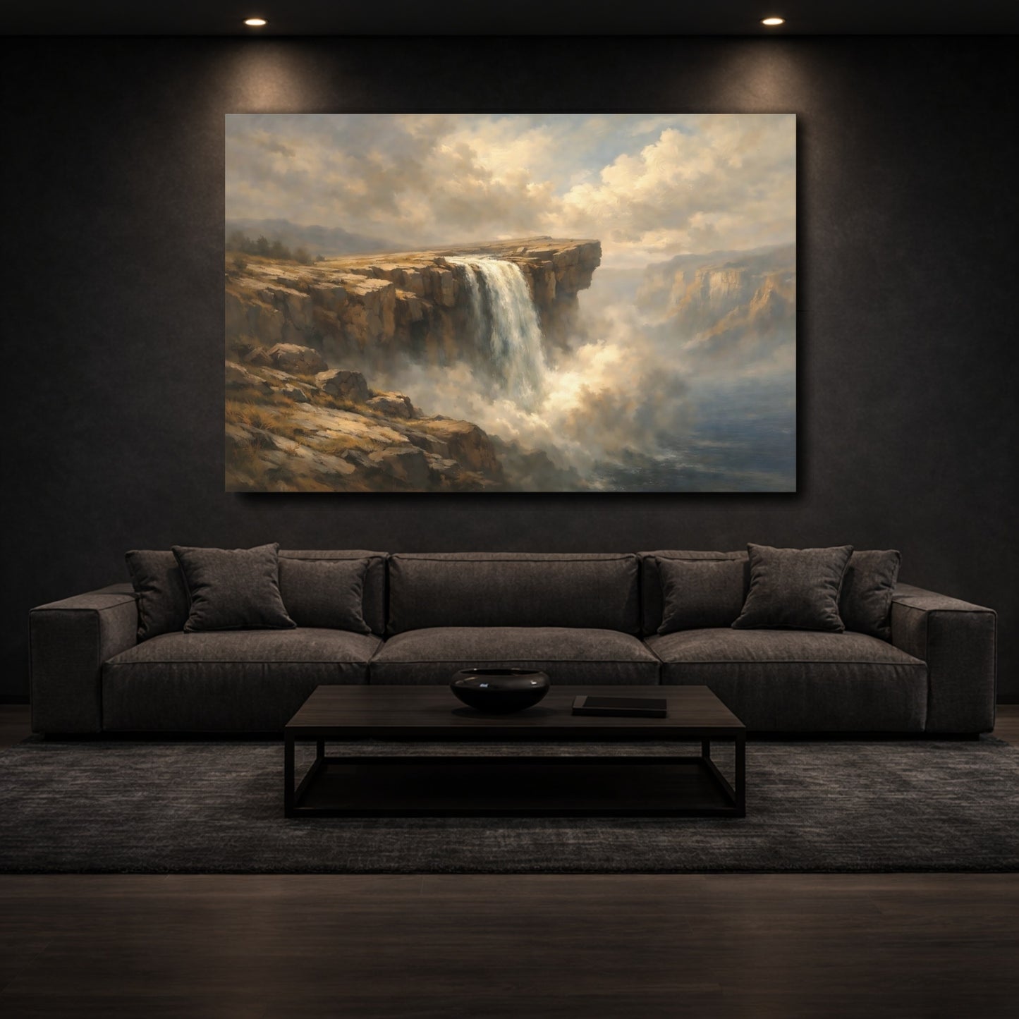 Mockup 2. Nature Waterfall Brown Blue Waterfall shown as stretched canvas wall art