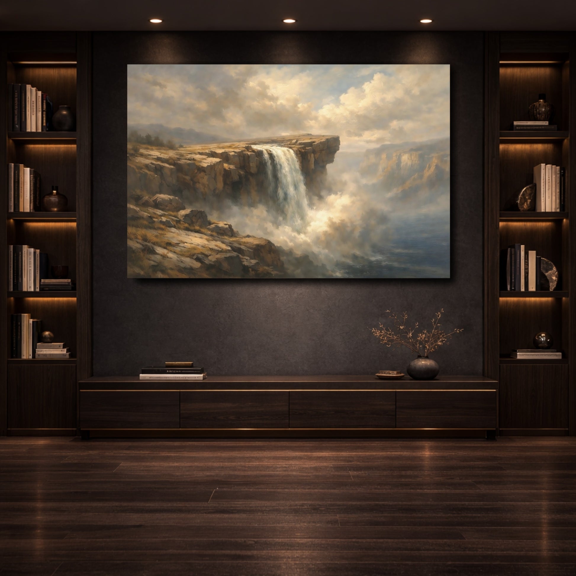 Mockup 3. Nature Waterfall Brown Blue Waterfall shown as stretched canvas wall art