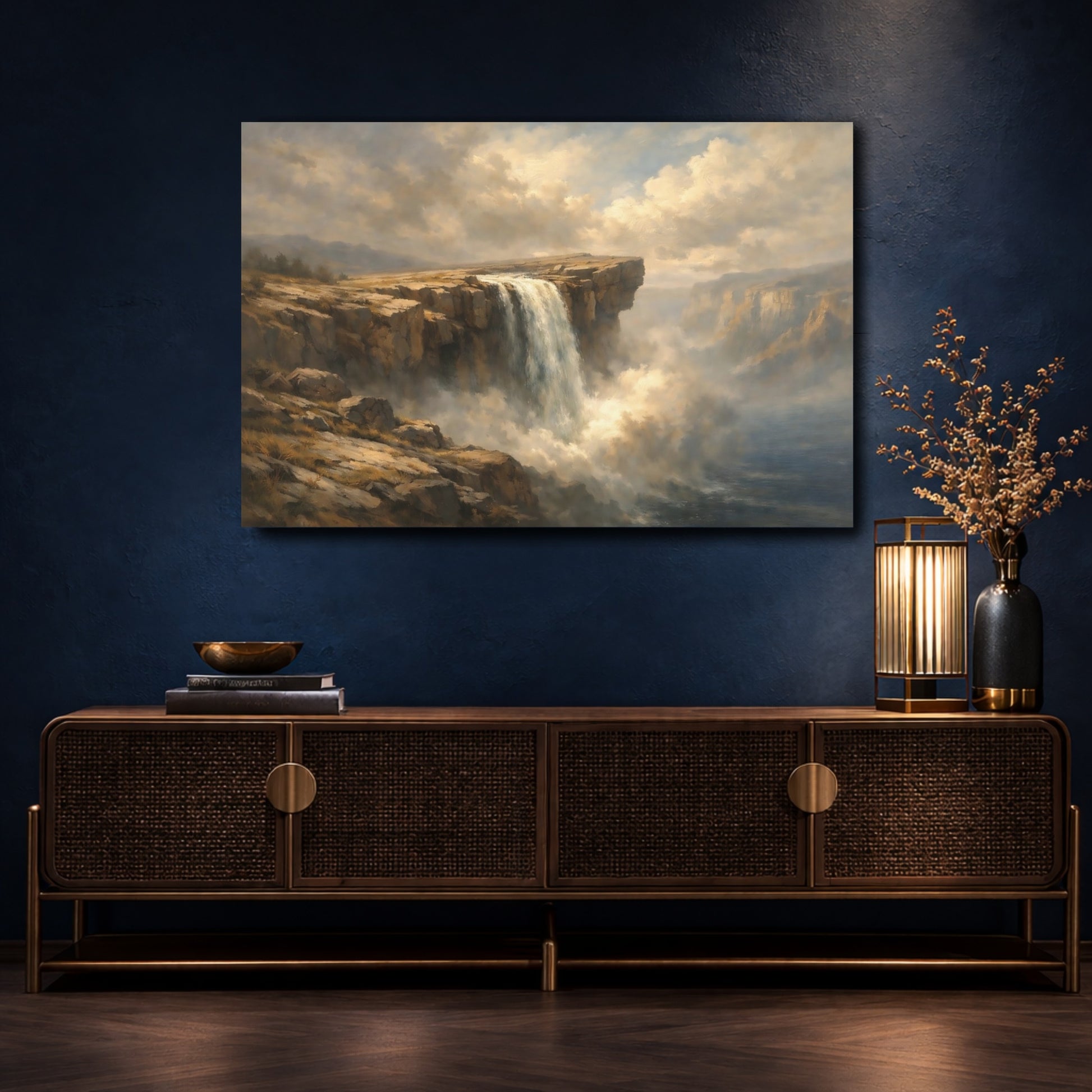Mockup 4. Nature Waterfall Brown Blue Waterfall shown as stretched canvas wall art