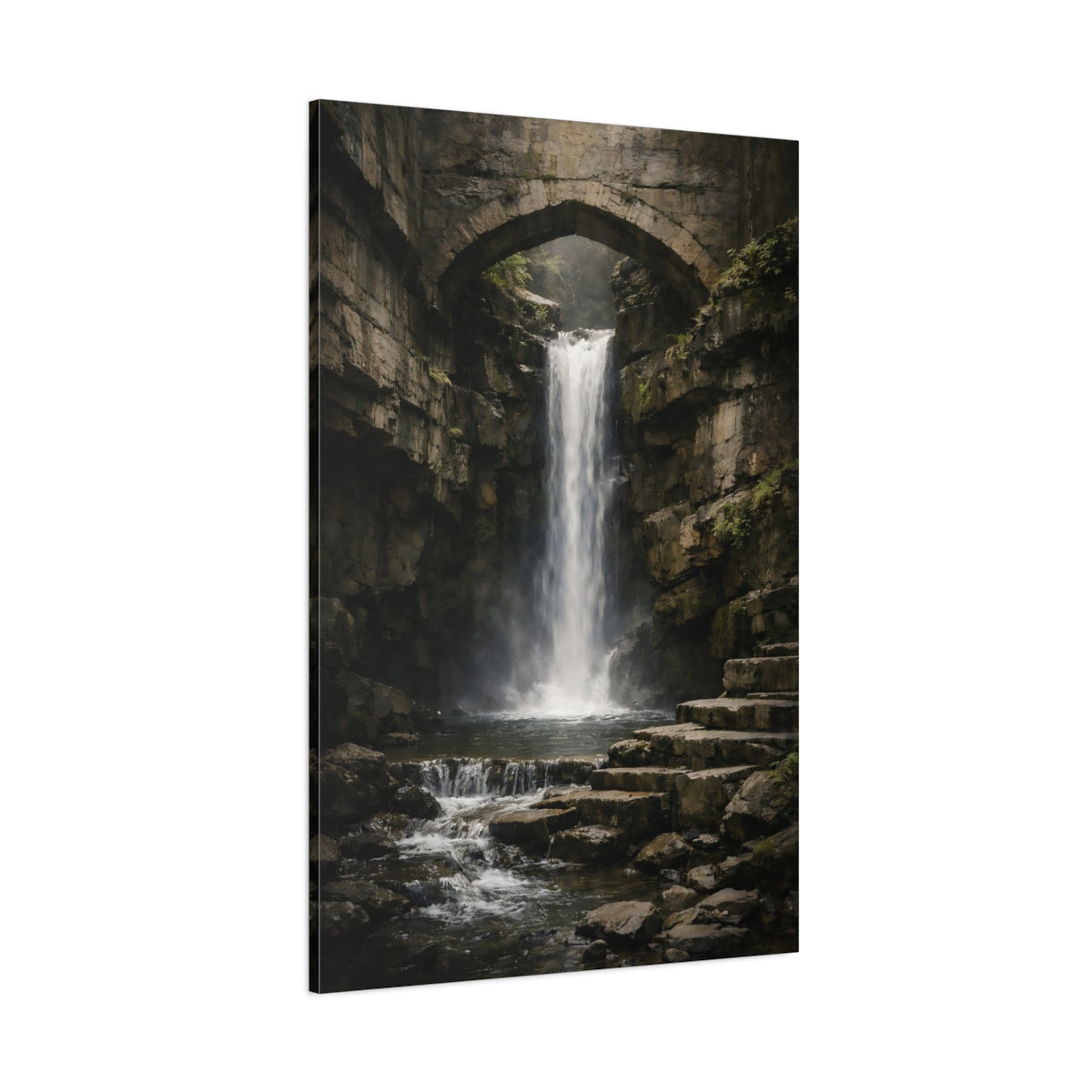 Main Mockup. Nature Waterfall Dark Waterfall Bridge shown as stretched canvas wall art