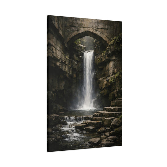 Main Mockup. Nature Waterfall Dark Waterfall Bridge shown as stretched canvas wall art