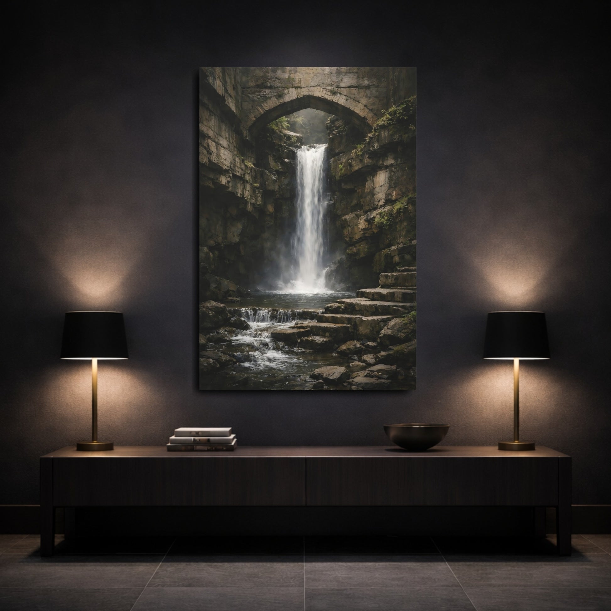 Mockup 2. Nature Waterfall Dark Waterfall Bridge shown as stretched canvas wall art