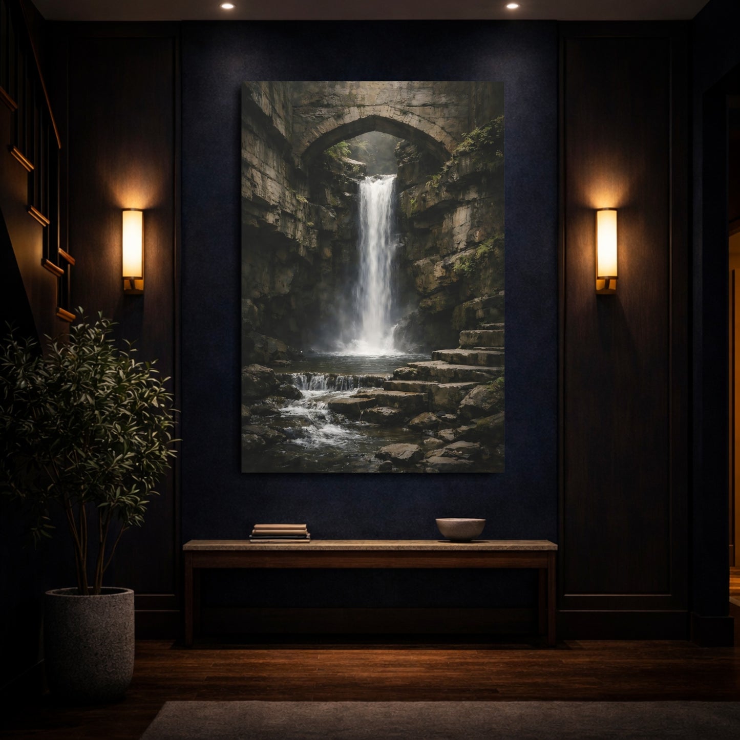 Mockup 3. Nature Waterfall Dark Waterfall Bridge shown as stretched canvas wall art