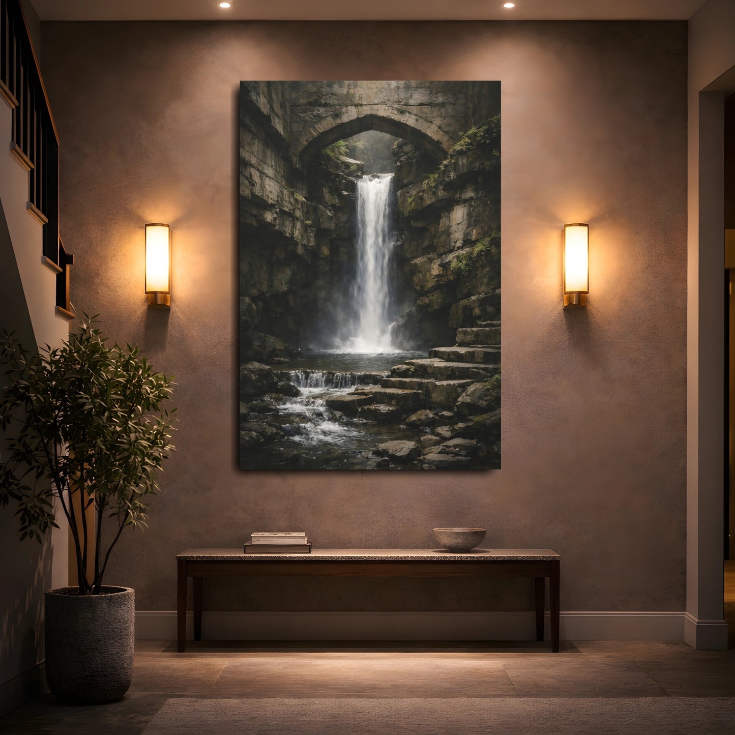 Mockup 4. Nature Waterfall Dark Waterfall Bridge shown as stretched canvas wall art