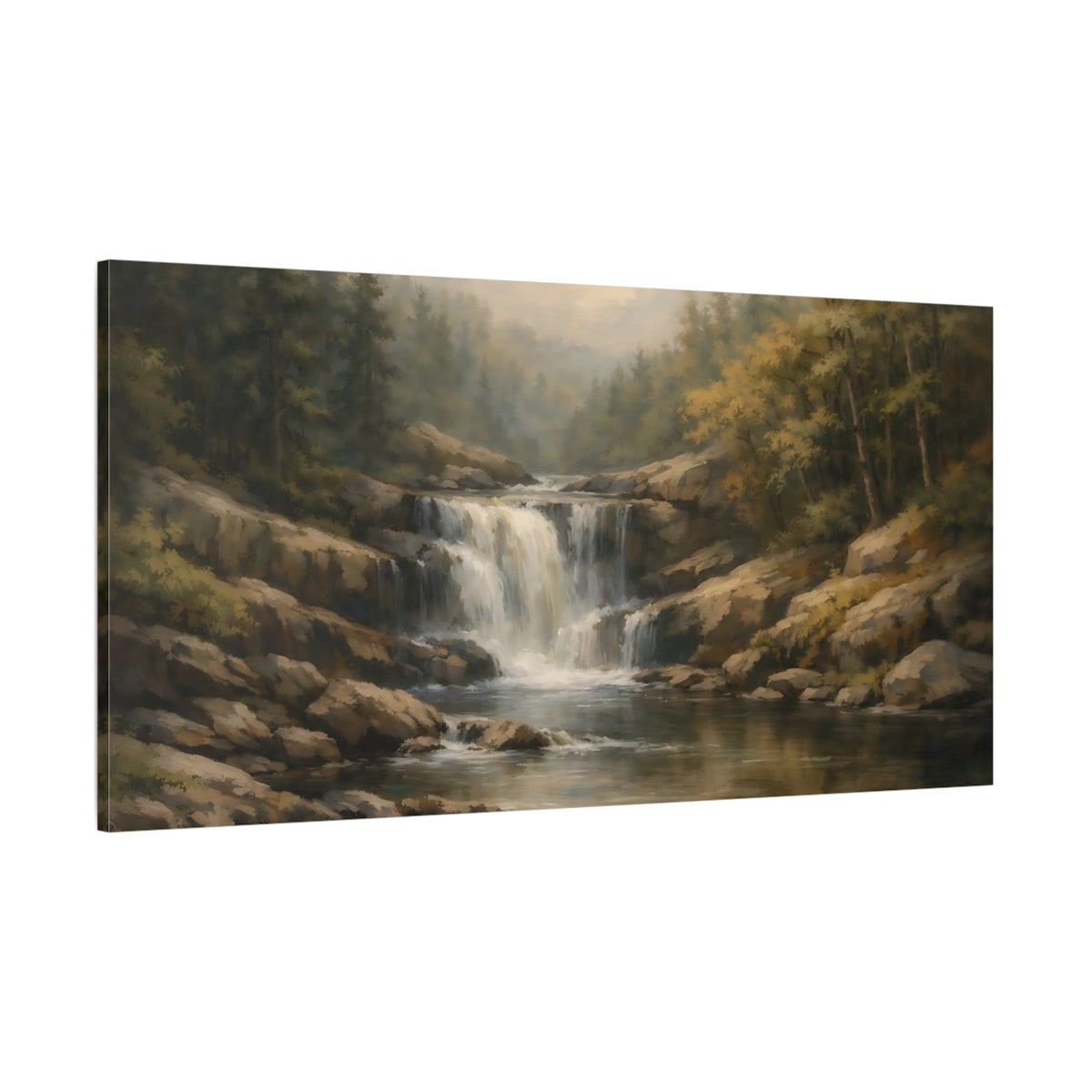 Main Mockup. Nature Waterfall Earthy Landscape shown as stretched canvas wall art
