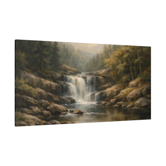Main Mockup. Nature Waterfall Earthy Landscape shown as stretched canvas wall art