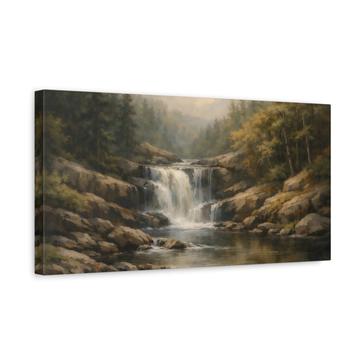 Side Mockup 3. Nature Waterfall Earthy Landscape shown as stretched canvas wall art