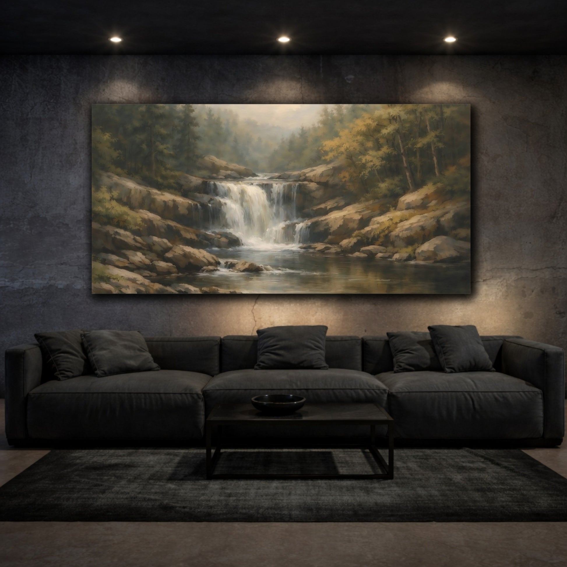 Mockup 2. Nature Waterfall Earthy Landscape shown as stretched canvas wall art