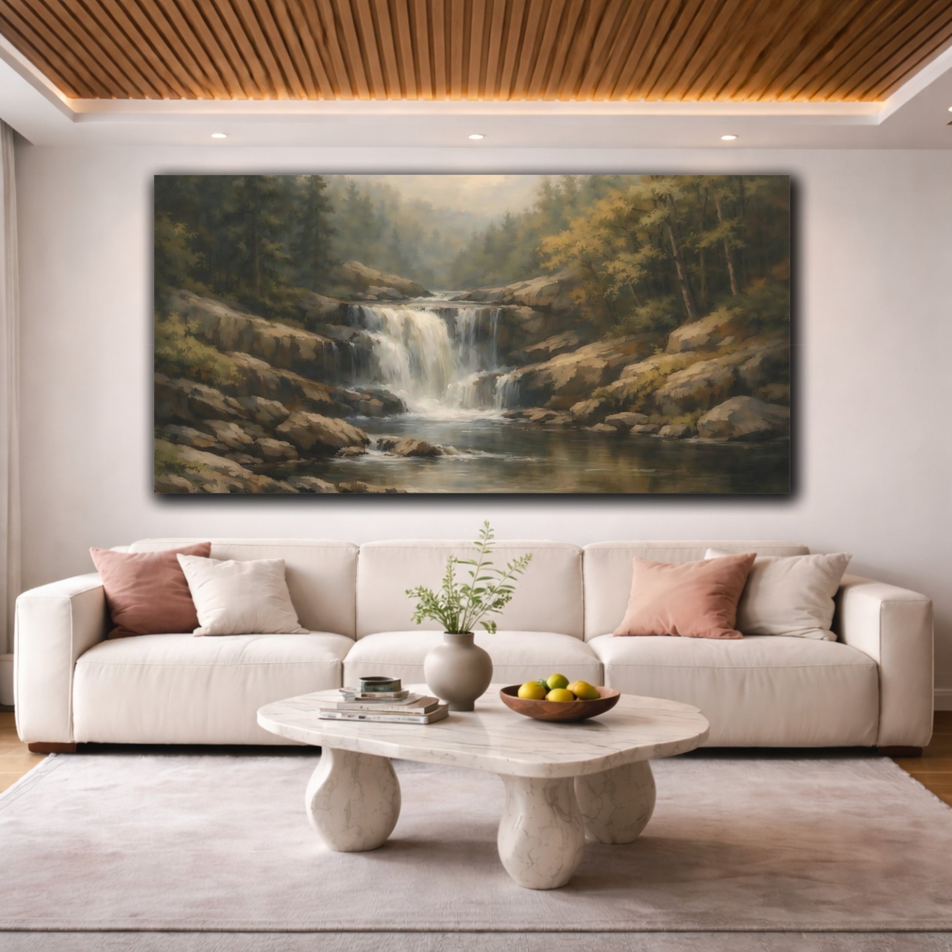 Mockup 3. Nature Waterfall Earthy Landscape shown as stretched canvas wall art