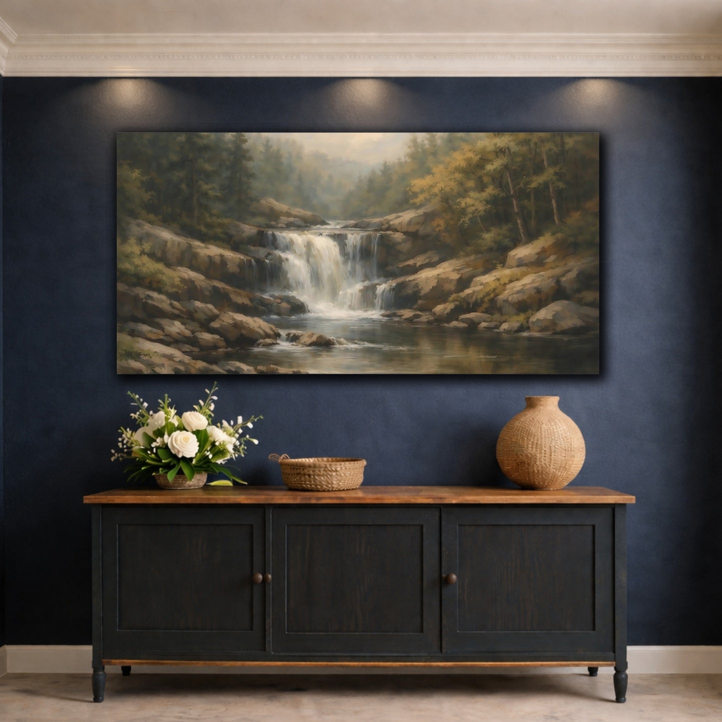 Mockup 4. Nature Waterfall Earthy Landscape shown as stretched canvas wall art