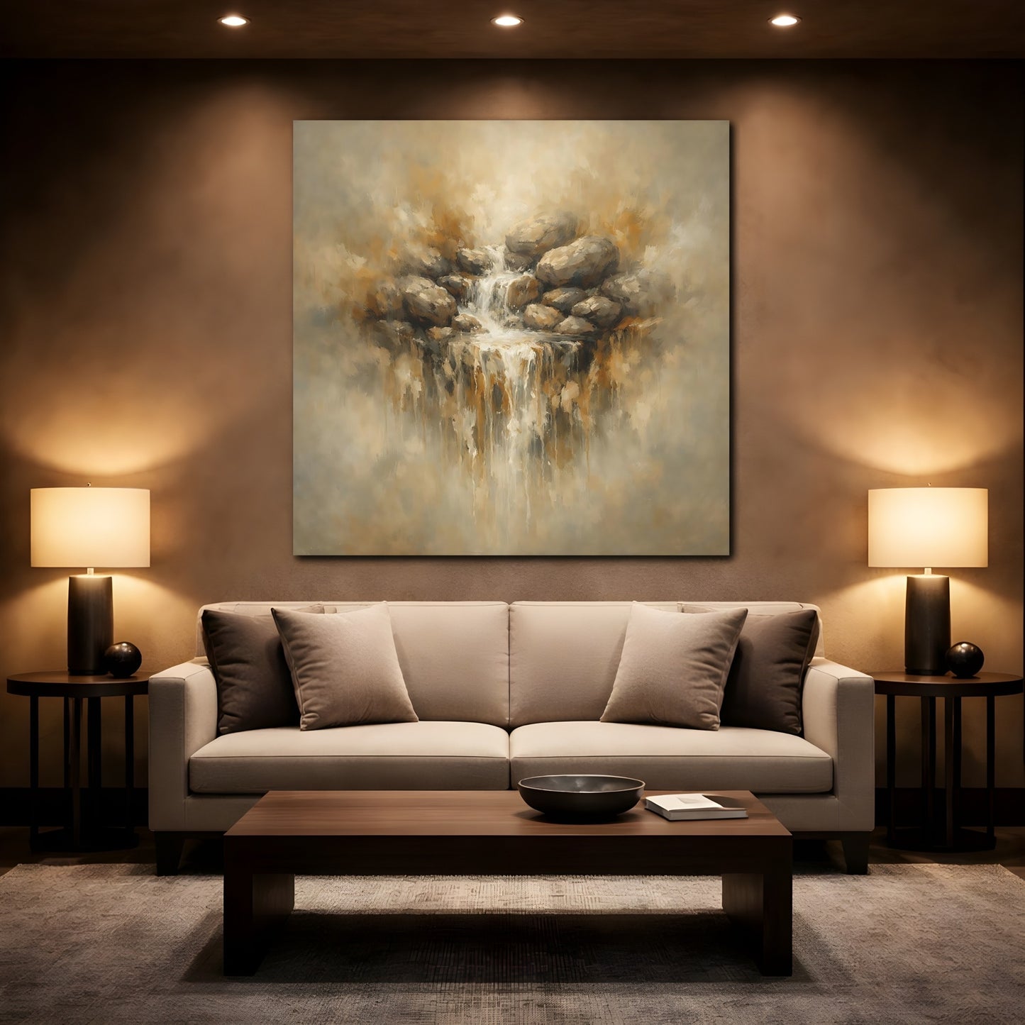 Mockup 2. Nature Waterfall Earthy Waterfall shown as stretched canvas wall art