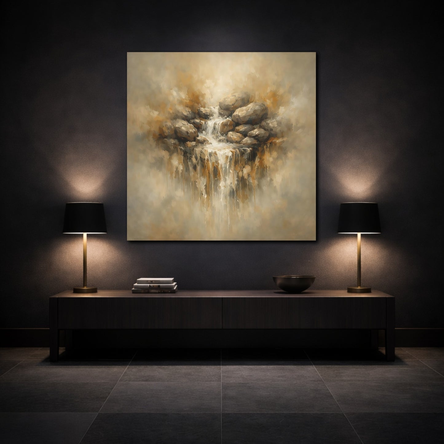 Mockup 3. Nature Waterfall Earthy Waterfall shown as stretched canvas wall art
