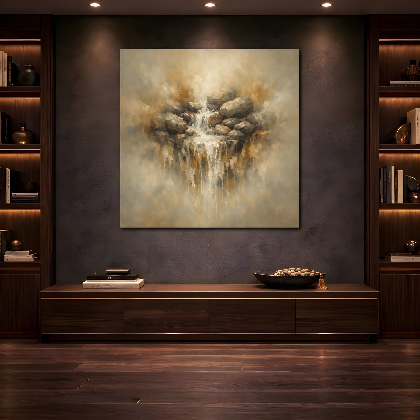 Mockup 4. Nature Waterfall Earthy Waterfall shown as stretched canvas wall art